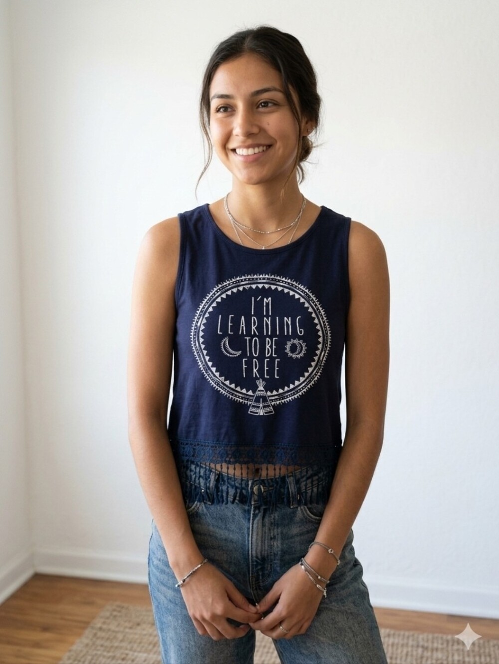 french pastry Navy Blue Fringe Crop Tank with White Graphic